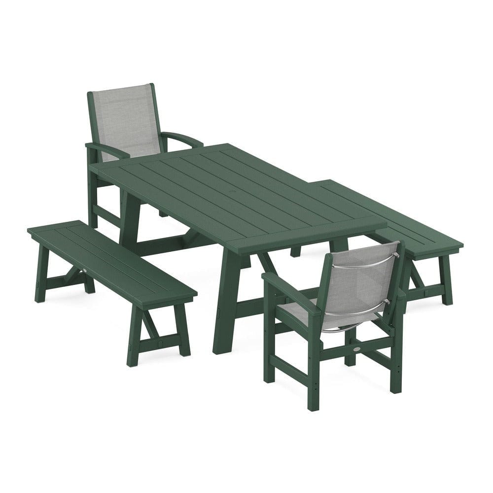 POLYWOOD® - Coastal 5-Piece Rustic Farmhouse Dining Set With Benches - PWS1077 Outdoor Furniture POLYWOOD®