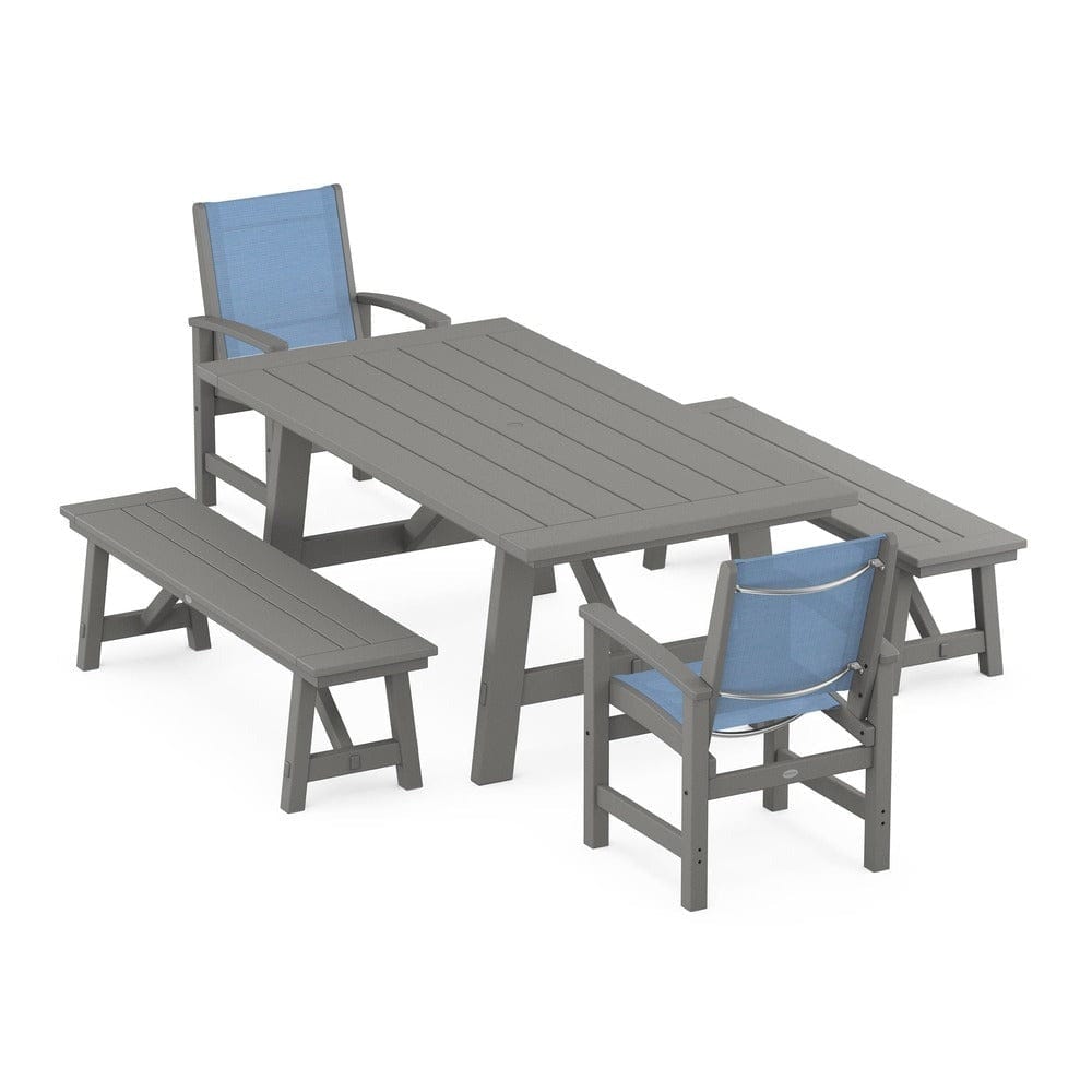 POLYWOOD® - Coastal 5-Piece Rustic Farmhouse Dining Set With Benches - PWS1077 Outdoor Furniture POLYWOOD®