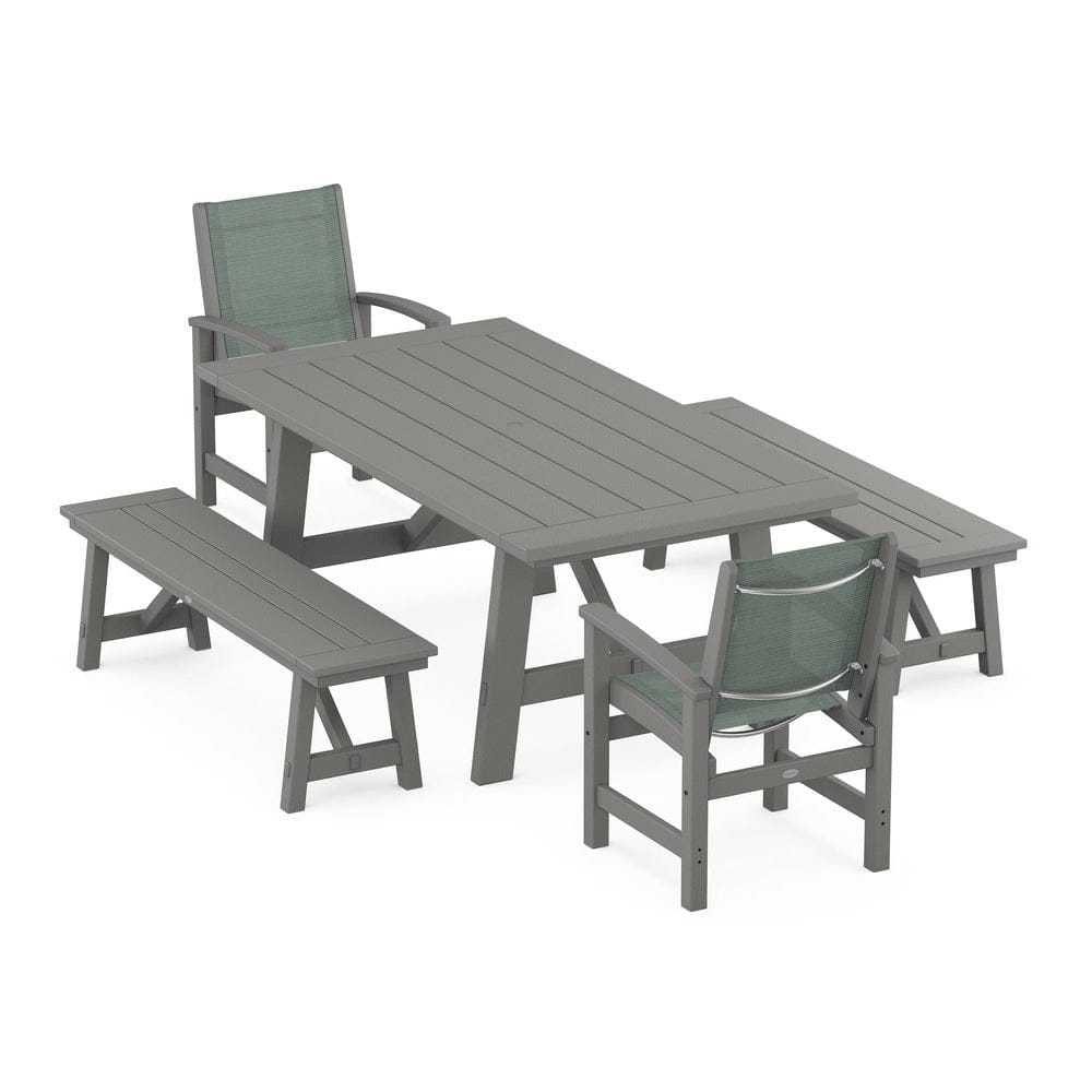 POLYWOOD® - Coastal 5-Piece Rustic Farmhouse Dining Set With Benches - PWS1077 Outdoor Furniture POLYWOOD®
