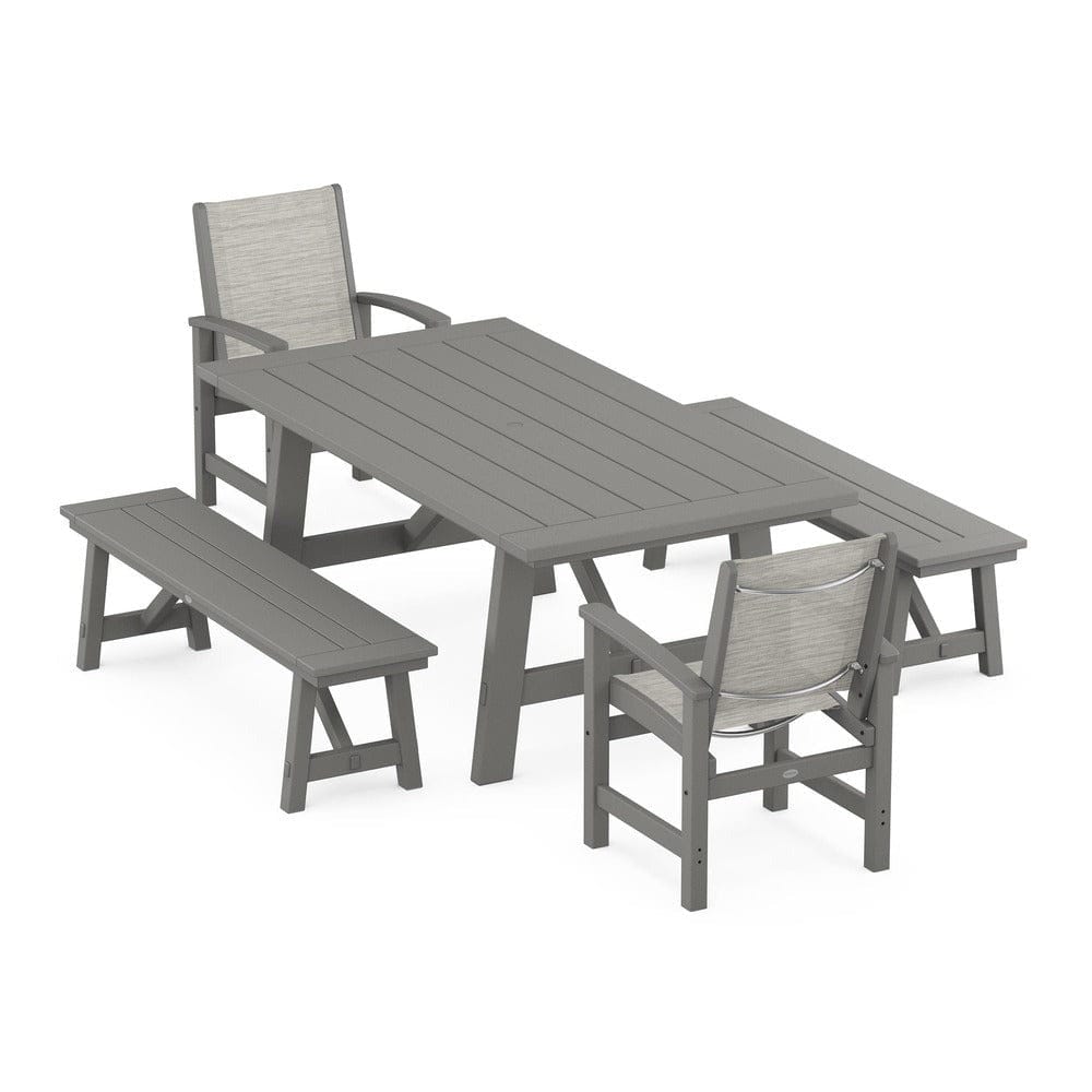 POLYWOOD® - Coastal 5-Piece Rustic Farmhouse Dining Set With Benches - PWS1077 Outdoor Furniture POLYWOOD®