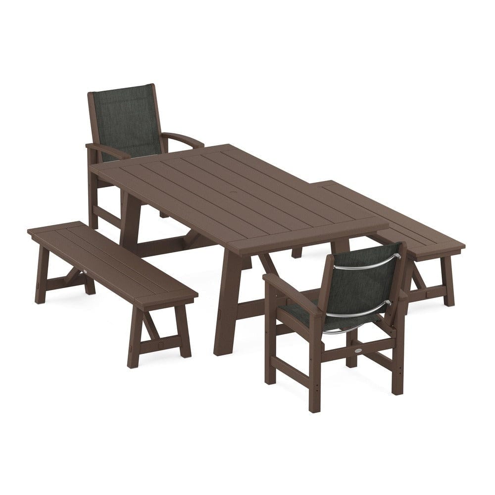 POLYWOOD® - Coastal 5-Piece Rustic Farmhouse Dining Set With Benches - PWS1077