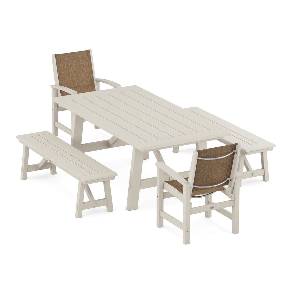POLYWOOD® - Coastal 5-Piece Rustic Farmhouse Dining Set With Benches - PWS1077