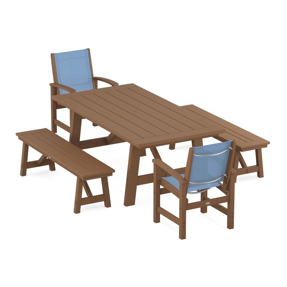 POLYWOOD® - Coastal 5-Piece Rustic Farmhouse Dining Set With Benches - PWS1077