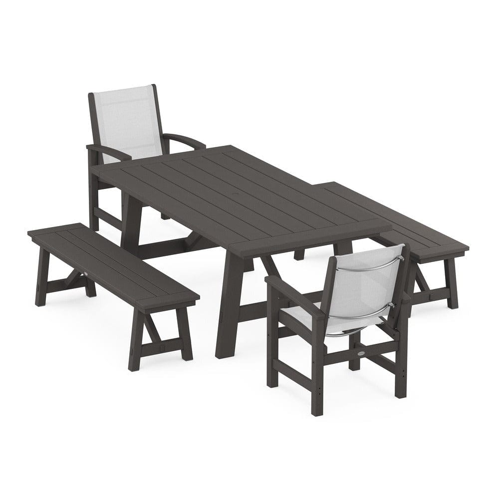 POLYWOOD® - Coastal 5-Piece Rustic Farmhouse Dining Set With Benches - PWS1077