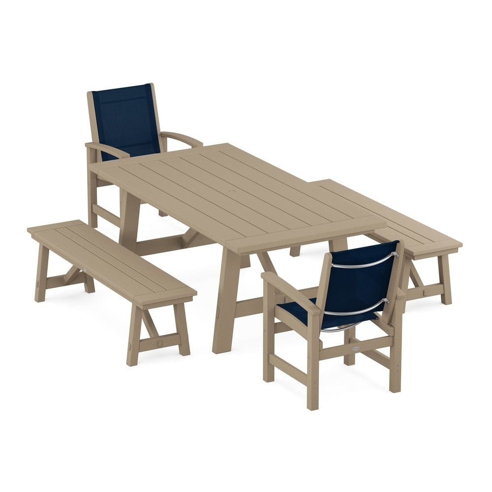 POLYWOOD® - Coastal 5-Piece Rustic Farmhouse Dining Set With Benches - PWS1077 Outdoor Furniture POLYWOOD®