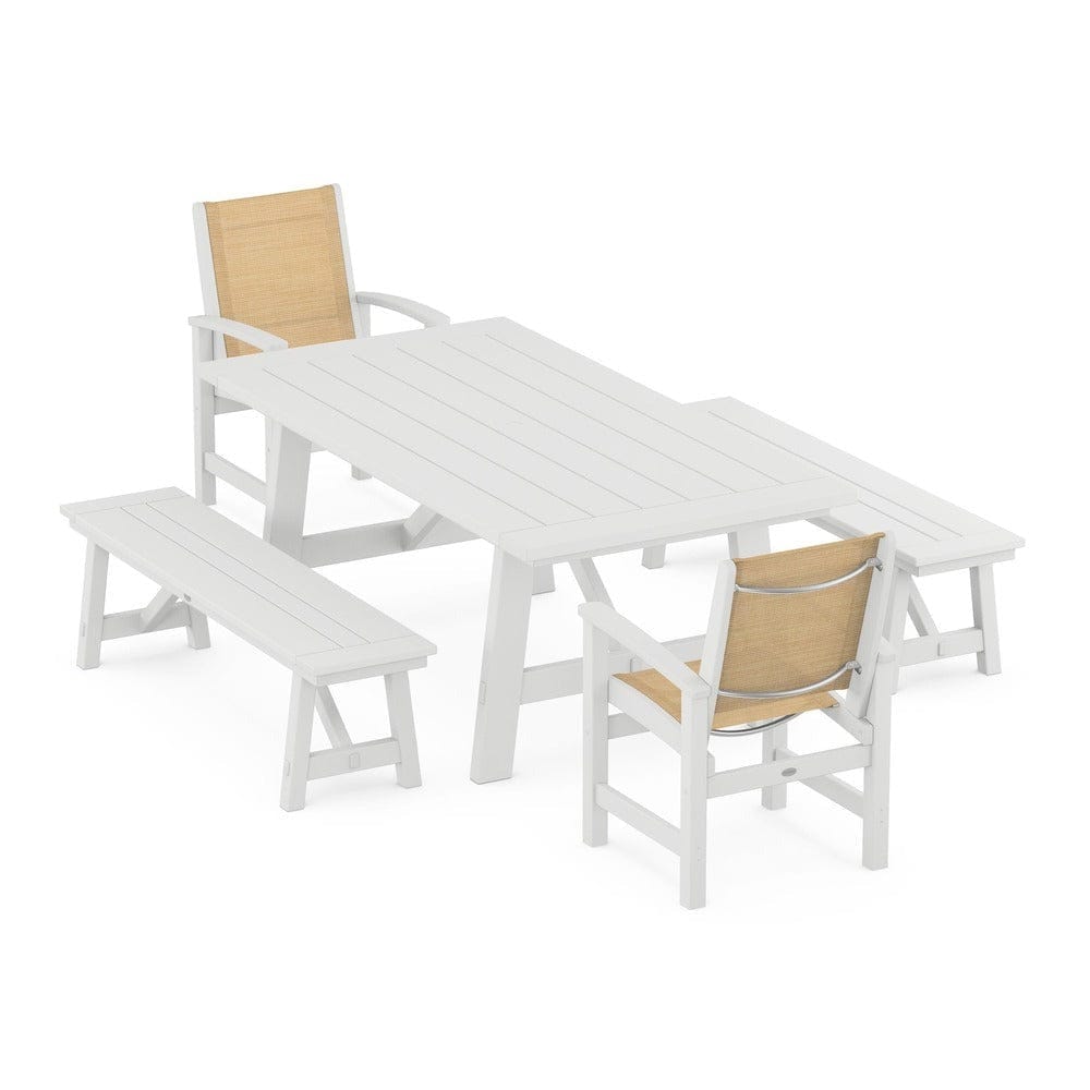 POLYWOOD® - Coastal 5-Piece Rustic Farmhouse Dining Set With Benches - PWS1077 Outdoor Furniture POLYWOOD®