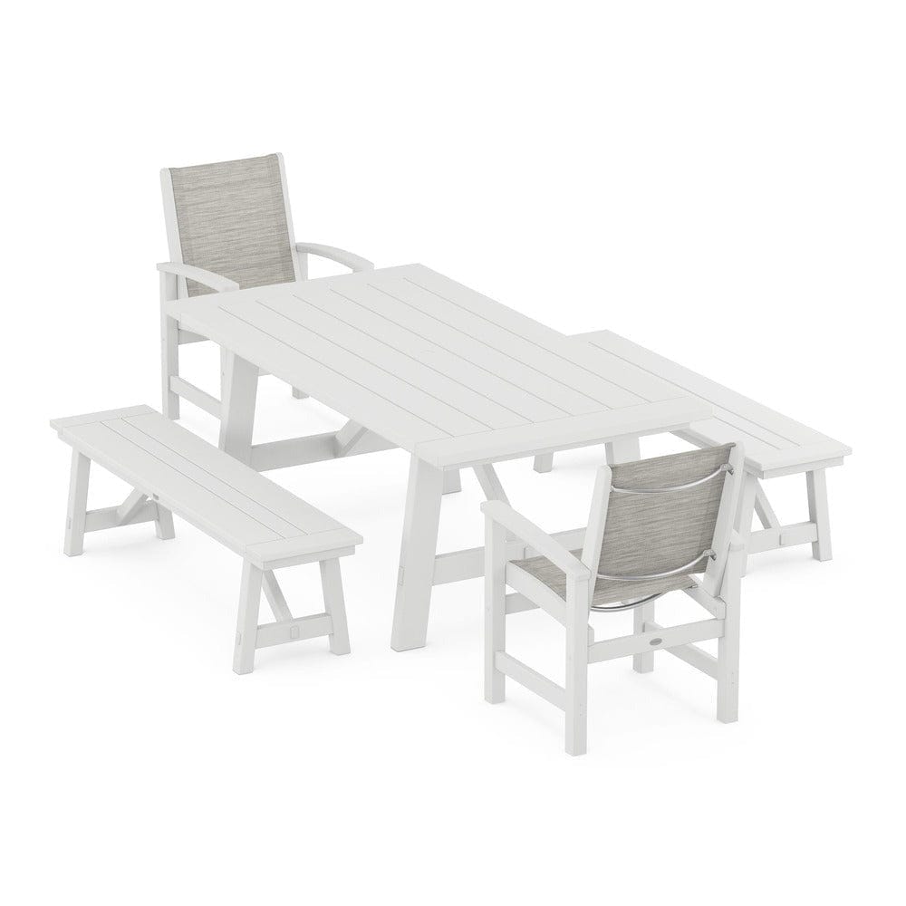 POLYWOOD® - Coastal 5-Piece Rustic Farmhouse Dining Set With Benches - PWS1077