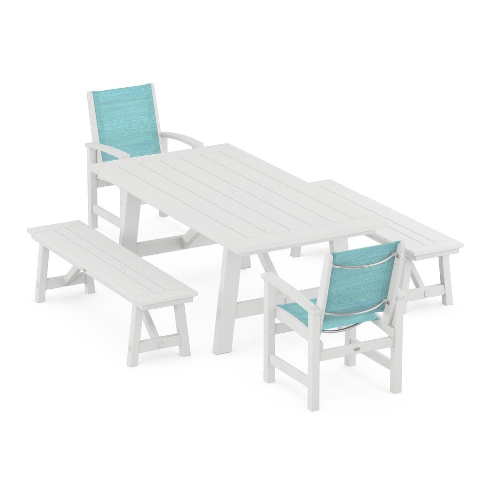 POLYWOOD® - Coastal 5-Piece Rustic Farmhouse Dining Set With Benches - PWS1077