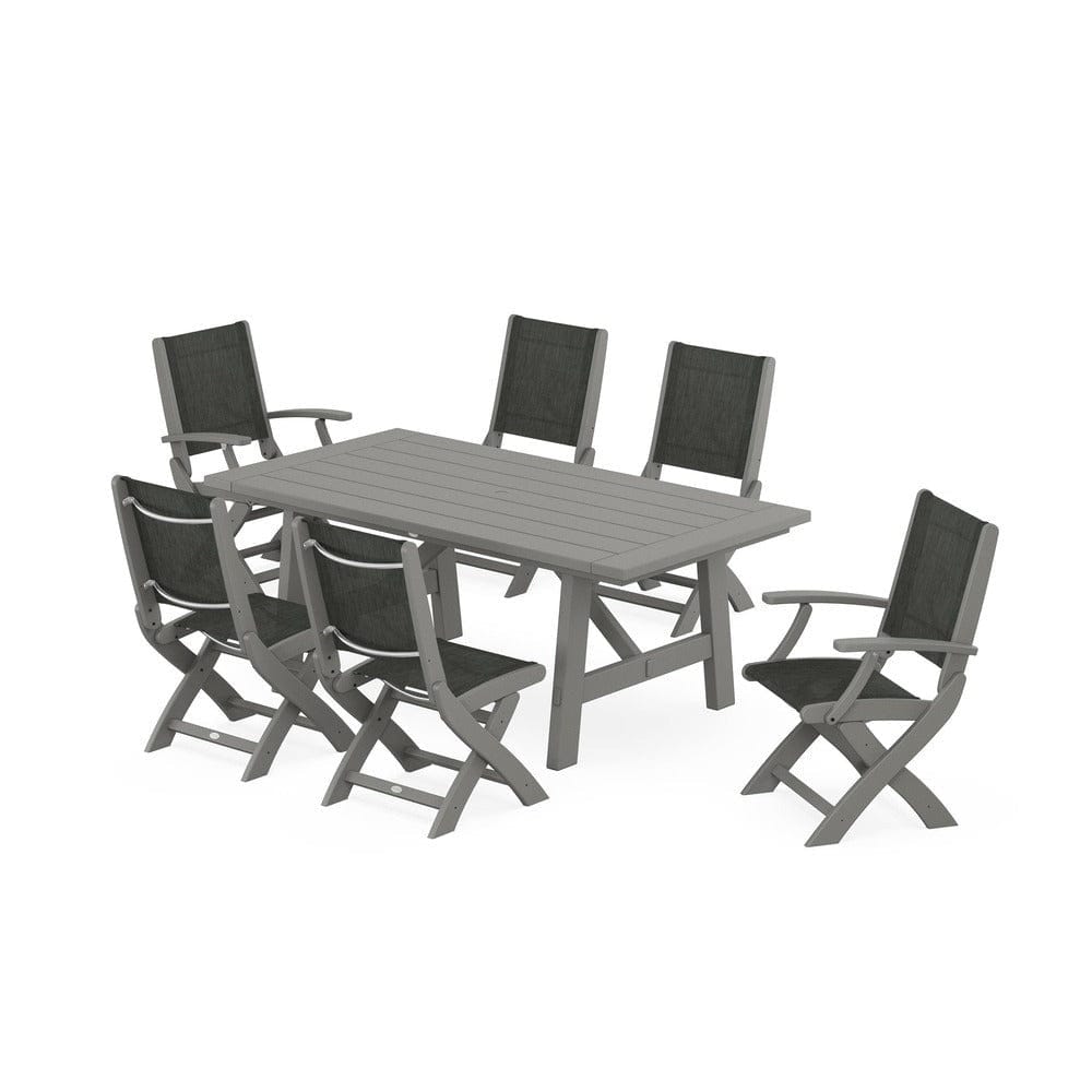 POLYWOOD® - Coastal Folding Chair 7-Piece Rustic Farmhouse Dining Set - PWS1078