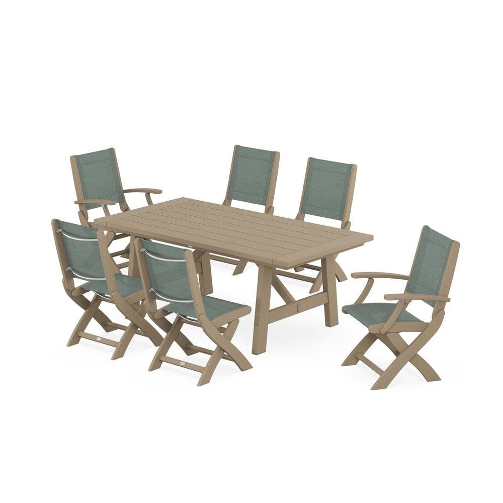 POLYWOOD® - Coastal Folding Chair 7-Piece Rustic Farmhouse Dining Set - PWS1078