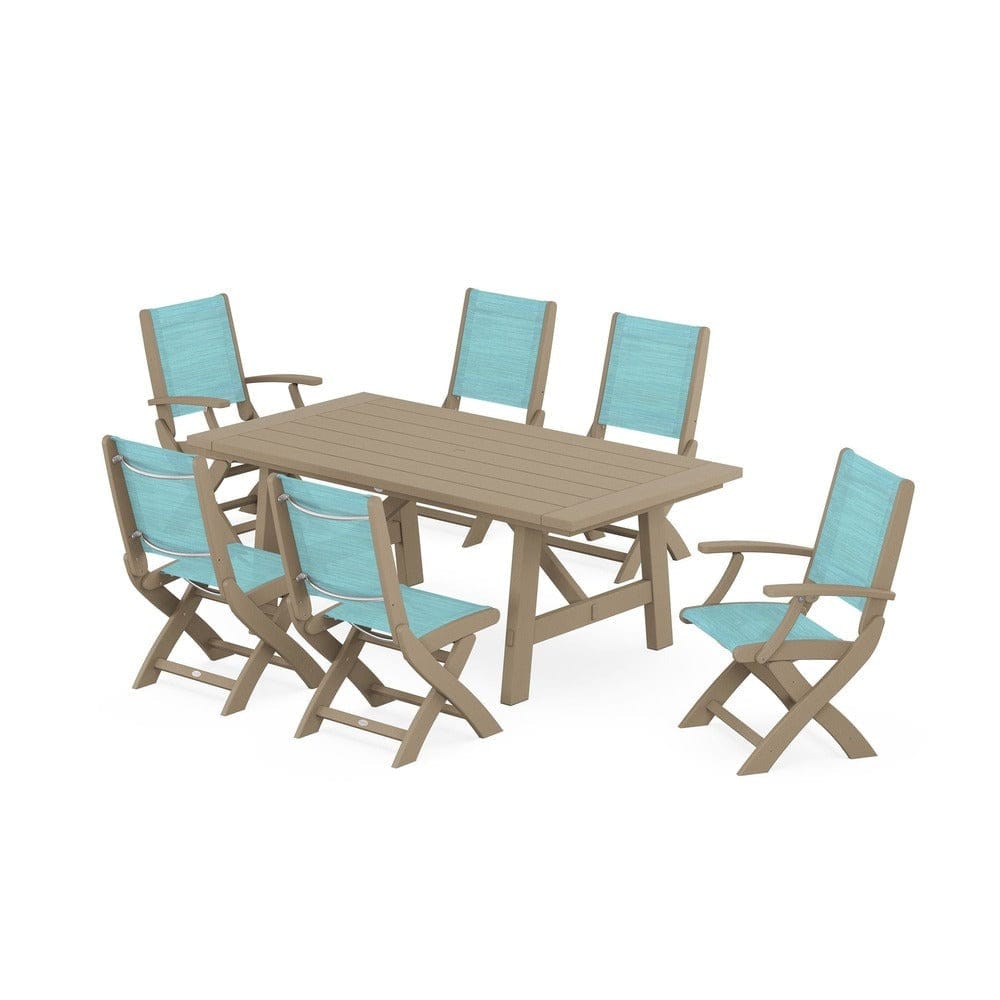 POLYWOOD® - Coastal Folding Chair 7-Piece Rustic Farmhouse Dining Set - PWS1078