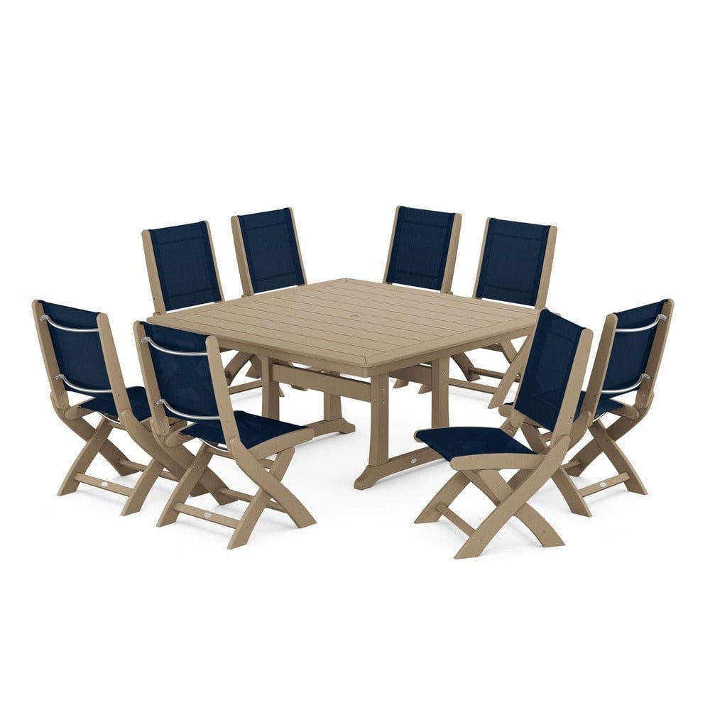 POLYWOOD® - Coastal Folding Side Chair 9-Piece Dining Set with Trestle Legs - PWS1113 Outdoor Furniture POLYWOOD®
