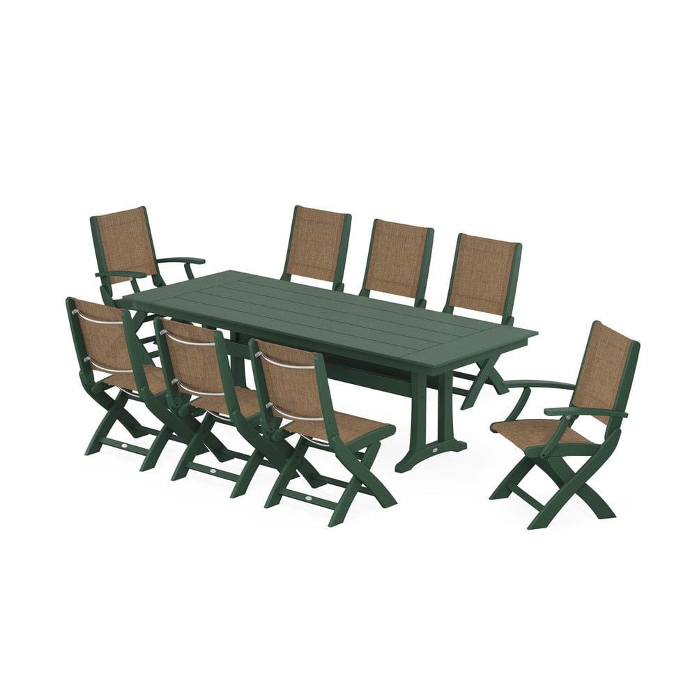POLYWOOD® - Coastal 9-Piece Folding Dining Chair Farmhouse Dining Set with Trestle Legs - PWS1447