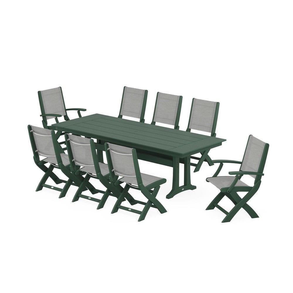 POLYWOOD® - Coastal 9-Piece Folding Dining Chair Farmhouse Dining Set with Trestle Legs - PWS1447