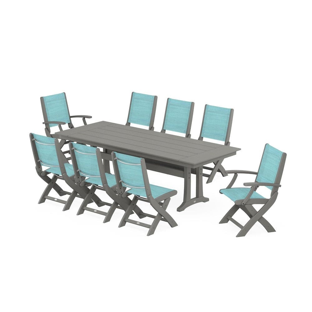POLYWOOD® - Coastal 9-Piece Folding Dining Chair Farmhouse Dining Set with Trestle Legs - PWS1447