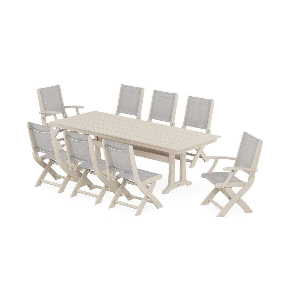 POLYWOOD® - Coastal 9-Piece Folding Dining Chair Farmhouse Dining Set with Trestle Legs - PWS1447