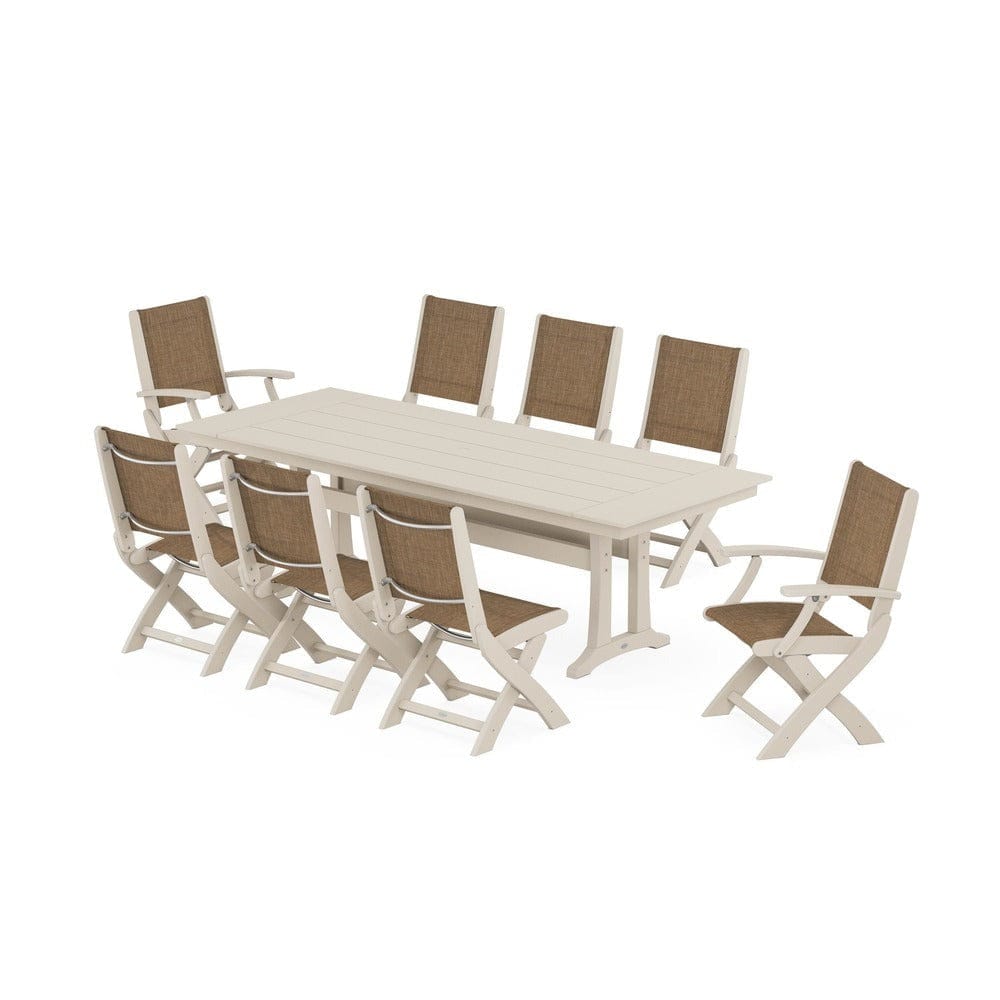 POLYWOOD® - Coastal 9-Piece Folding Dining Chair Farmhouse Dining Set with Trestle Legs - PWS1447