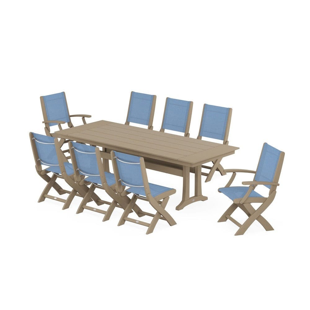POLYWOOD® - Coastal 9-Piece Folding Dining Chair Farmhouse Dining Set with Trestle Legs - PWS1447