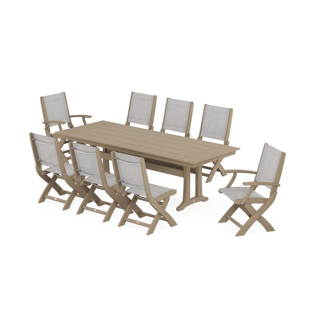 POLYWOOD® - Coastal 9-Piece Folding Dining Chair Farmhouse Dining Set with Trestle Legs - PWS1447