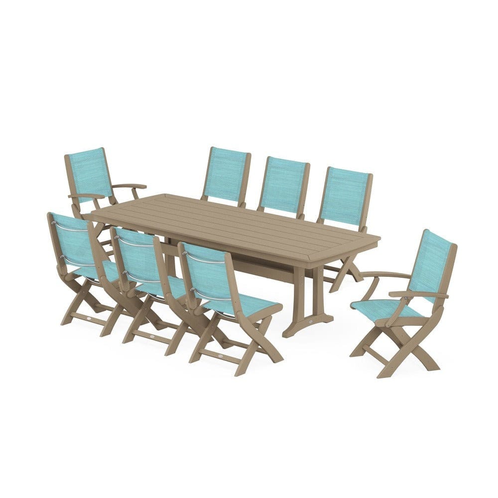 POLYWOOD® - Coastal Folding 9-Piece Dining Set with Trestle Legs - PWS1501