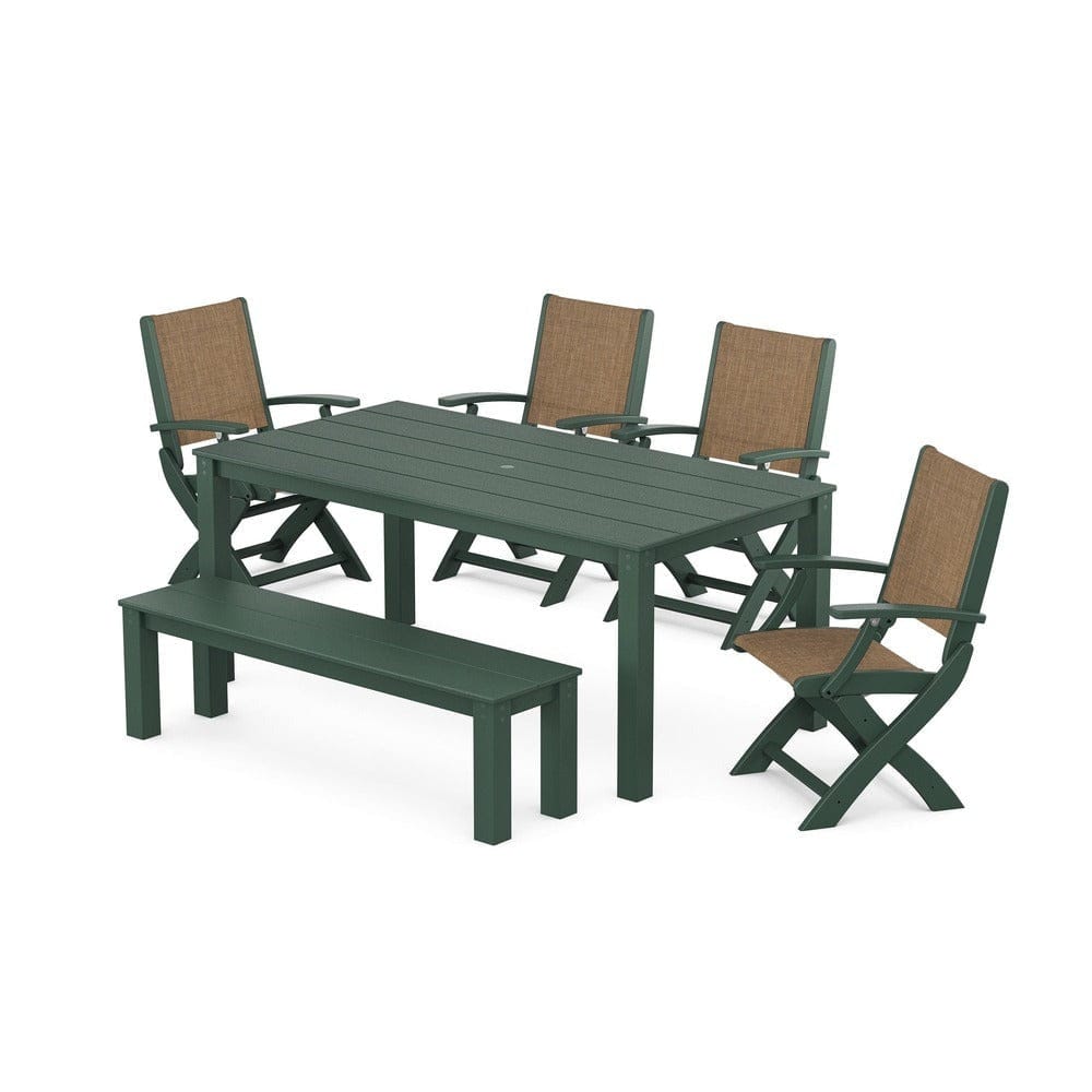 POLYWOOD® - Coastal Folding Chair 6-Piece Parsons Dining Set with Bench - PWS2272