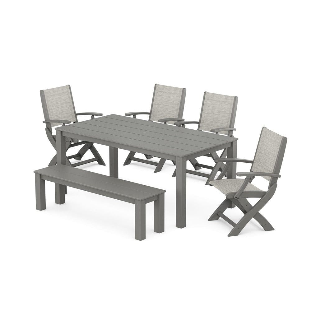 POLYWOOD® - Coastal Folding Chair 6-Piece Parsons Dining Set with Bench - PWS2272 Outdoor Furniture POLYWOOD®