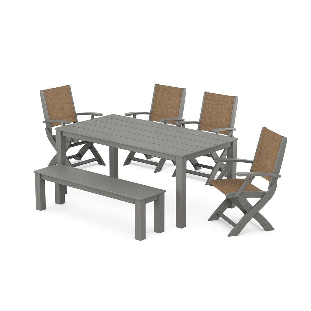 POLYWOOD® - Coastal Folding Chair 6-Piece Parsons Dining Set with Bench - PWS2272 Outdoor Furniture POLYWOOD®
