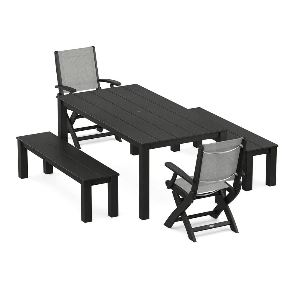 POLYWOOD® - Coastal Folding Chair 5-Piece Parsons Dining Set with Benches - PWS2273