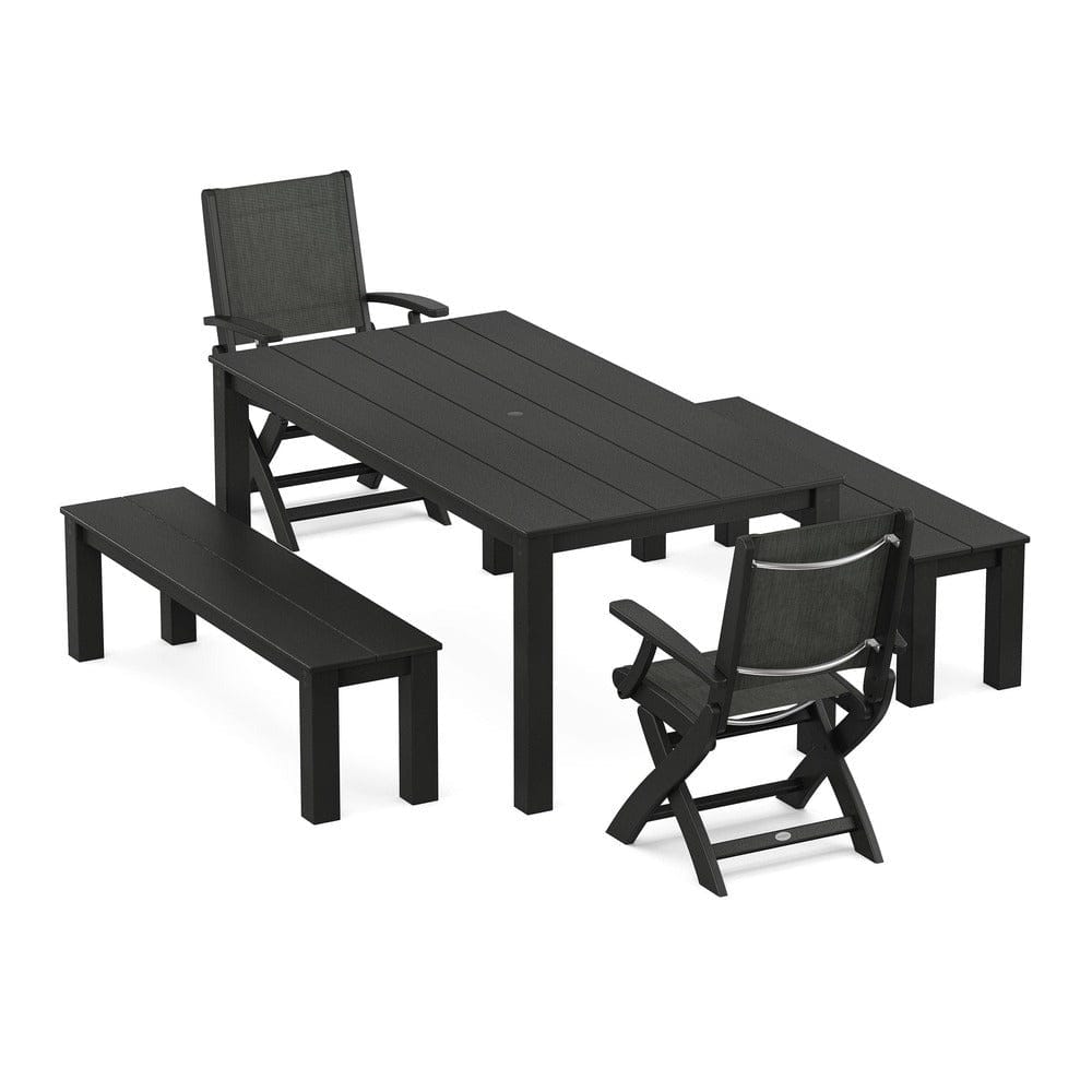 POLYWOOD® - Coastal Folding Chair 5-Piece Parsons Dining Set with Benches - PWS2273