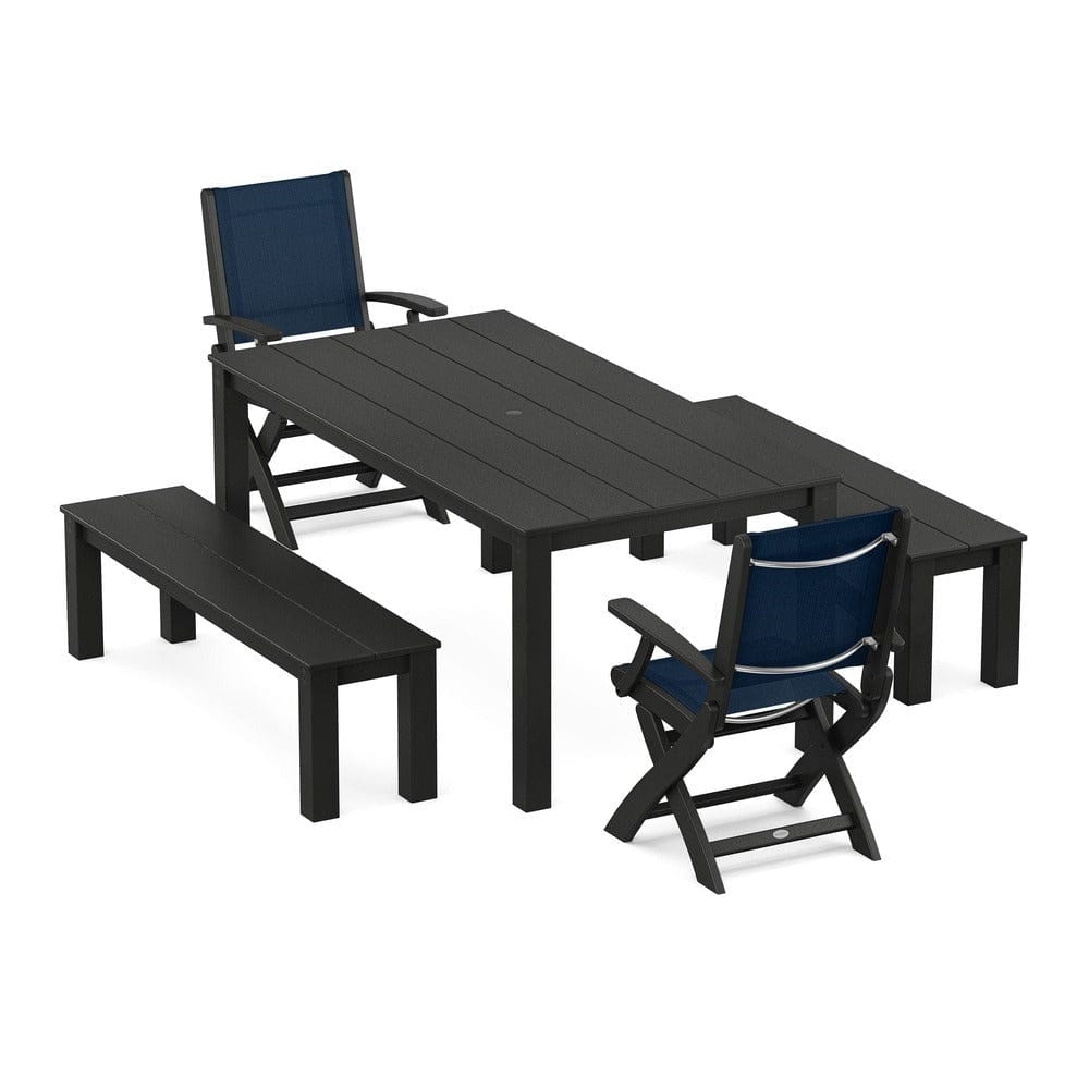 POLYWOOD® - Coastal Folding Chair 5-Piece Parsons Dining Set with Benches - PWS2273