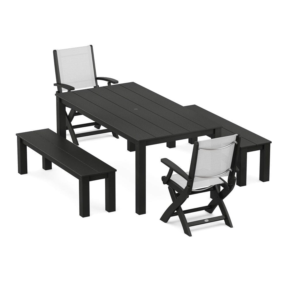 POLYWOOD® - Coastal Folding Chair 5-Piece Parsons Dining Set with Benches - PWS2273