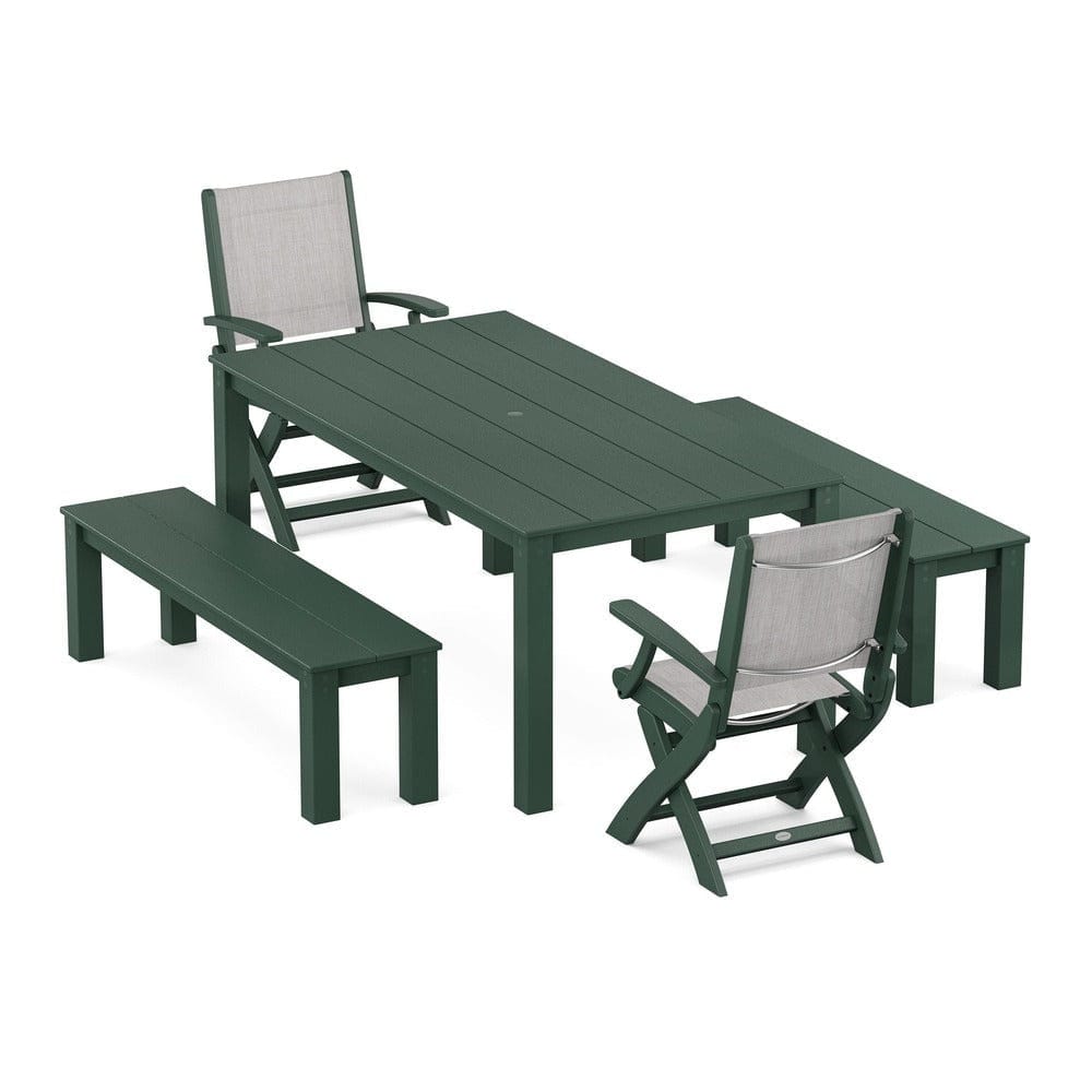 POLYWOOD® - Coastal Folding Chair 5-Piece Parsons Dining Set with Benches - PWS2273 Outdoor Furniture POLYWOOD®