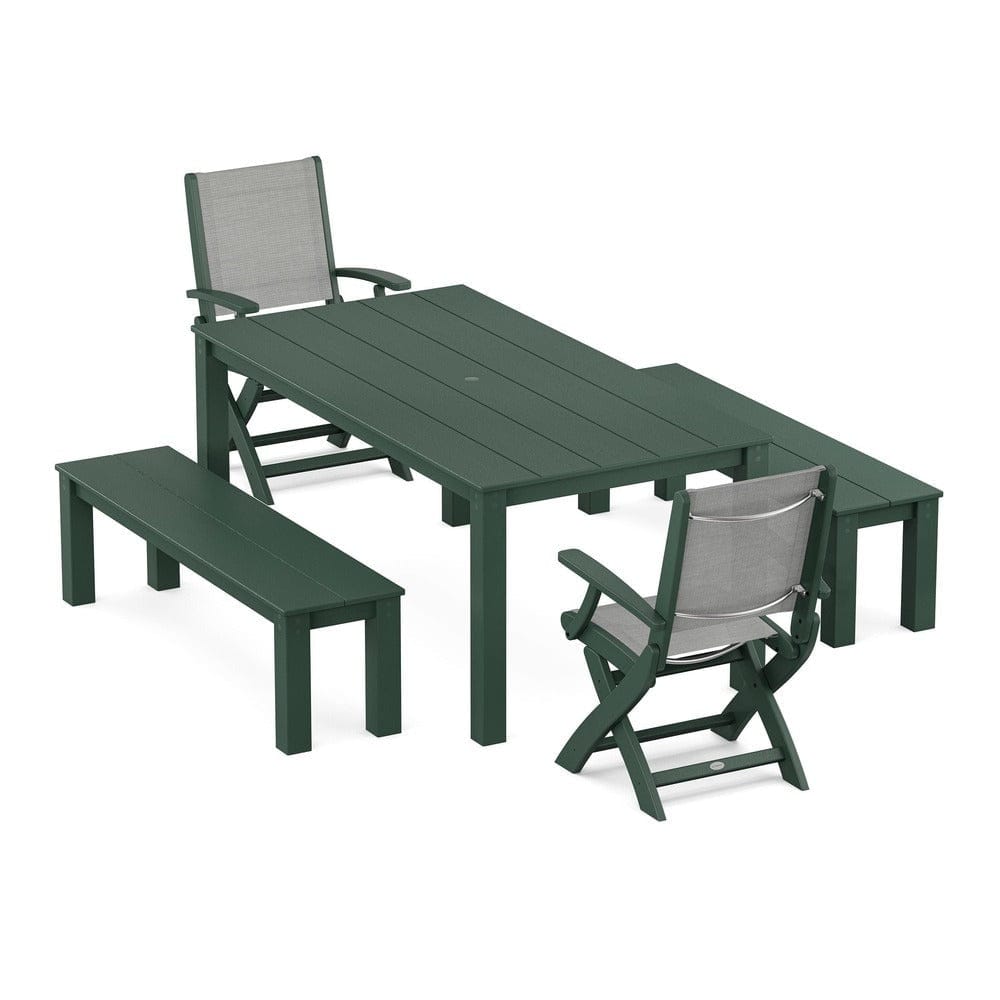 POLYWOOD® - Coastal Folding Chair 5-Piece Parsons Dining Set with Benches - PWS2273 Outdoor Furniture POLYWOOD®
