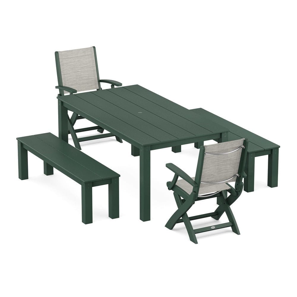 POLYWOOD® - Coastal Folding Chair 5-Piece Parsons Dining Set with Benches - PWS2273