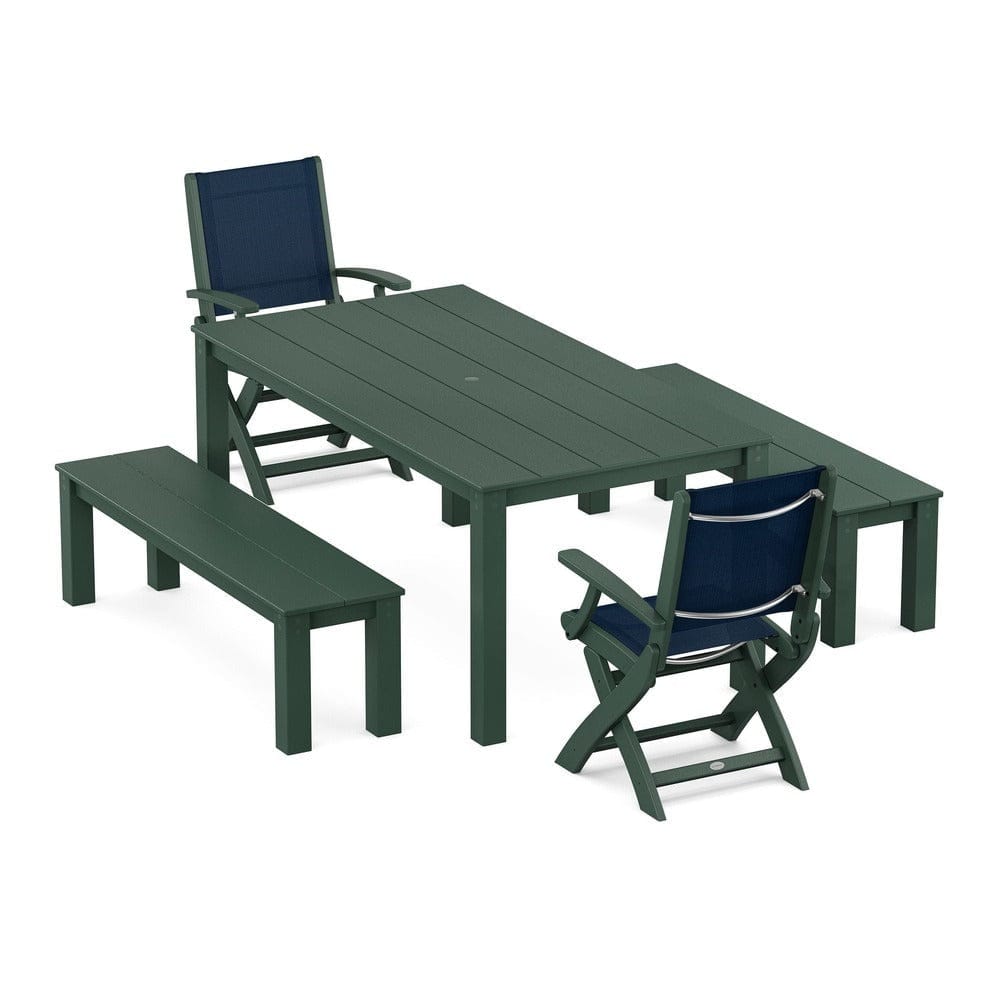 POLYWOOD® - Coastal Folding Chair 5-Piece Parsons Dining Set with Benches - PWS2273 Outdoor Furniture POLYWOOD®