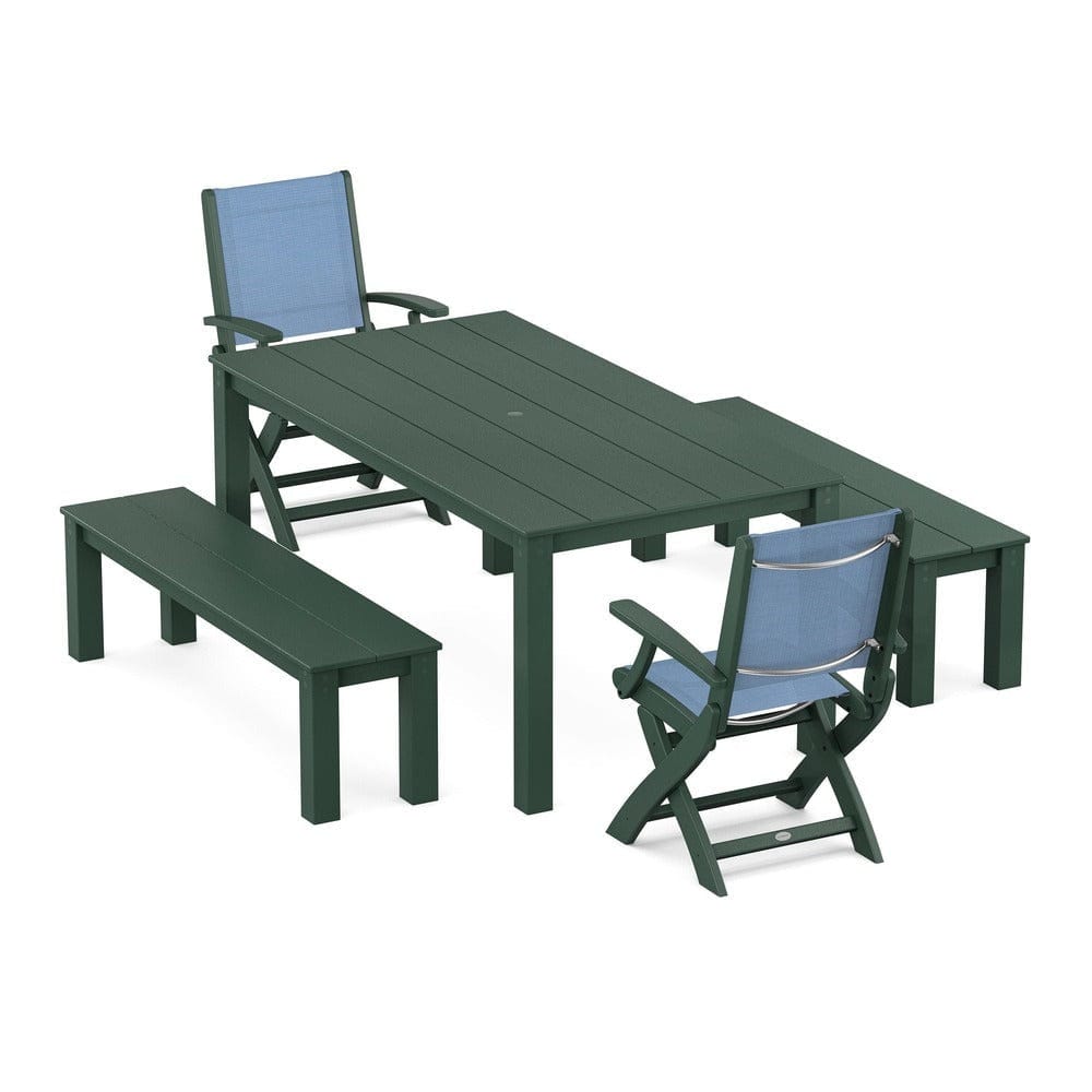 POLYWOOD® - Coastal Folding Chair 5-Piece Parsons Dining Set with Benches - PWS2273 Outdoor Furniture POLYWOOD®