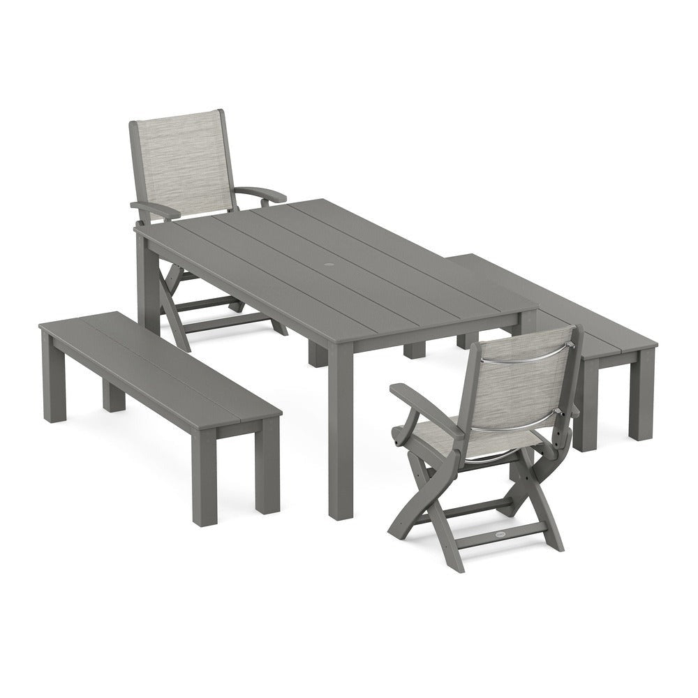 POLYWOOD® - Coastal Folding Chair 5-Piece Parsons Dining Set with Benches - PWS2273