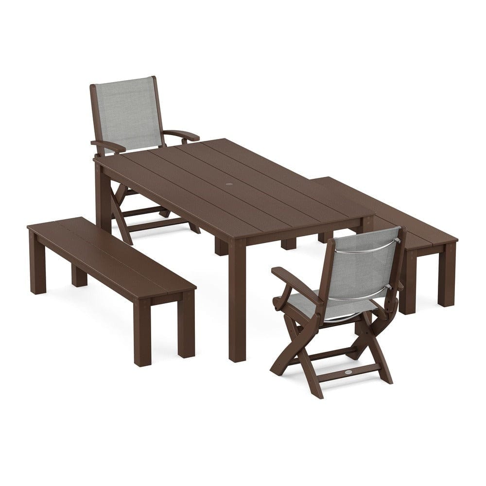 POLYWOOD® - Coastal Folding Chair 5-Piece Parsons Dining Set with Benches - PWS2273 Outdoor Furniture POLYWOOD®