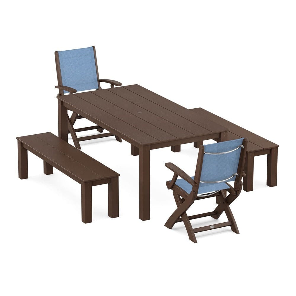 POLYWOOD® - Coastal Folding Chair 5-Piece Parsons Dining Set with Benches - PWS2273 Outdoor Furniture POLYWOOD®