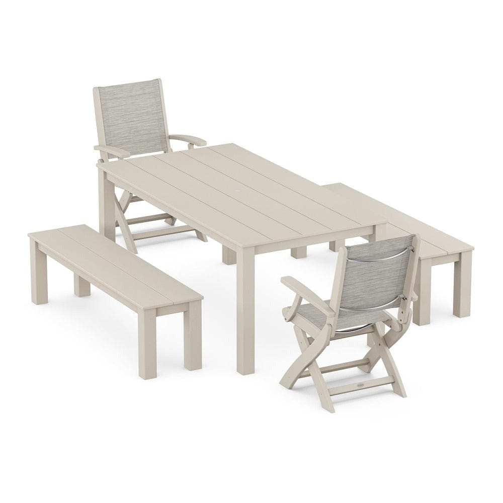 POLYWOOD® - Coastal Folding Chair 5-Piece Parsons Dining Set with Benches - PWS2273 Outdoor Furniture POLYWOOD®