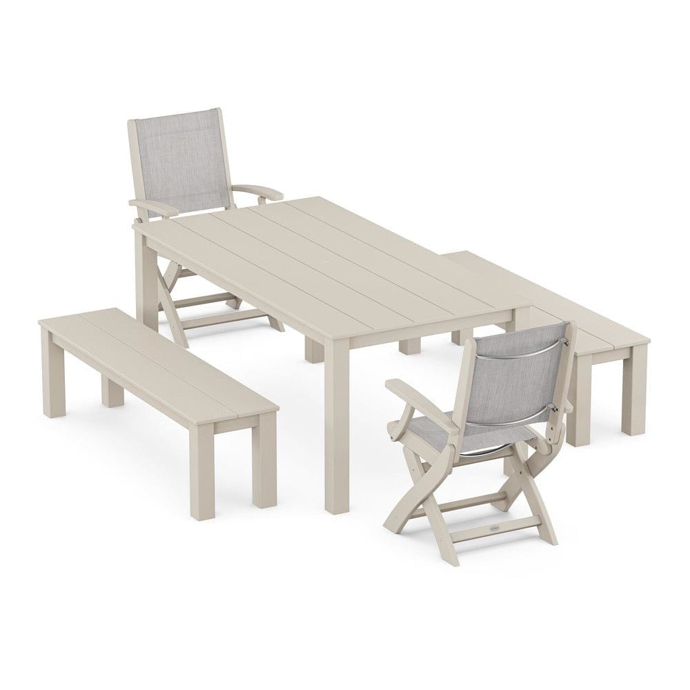 POLYWOOD® - Coastal Folding Chair 5-Piece Parsons Dining Set with Benches - PWS2273 Outdoor Furniture POLYWOOD®