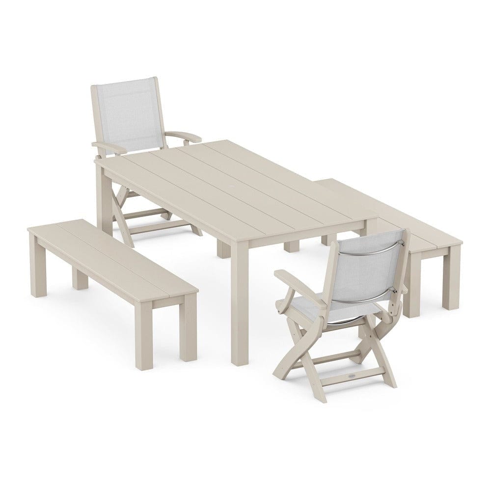 POLYWOOD® - Coastal Folding Chair 5-Piece Parsons Dining Set with Benches - PWS2273 Outdoor Furniture POLYWOOD®