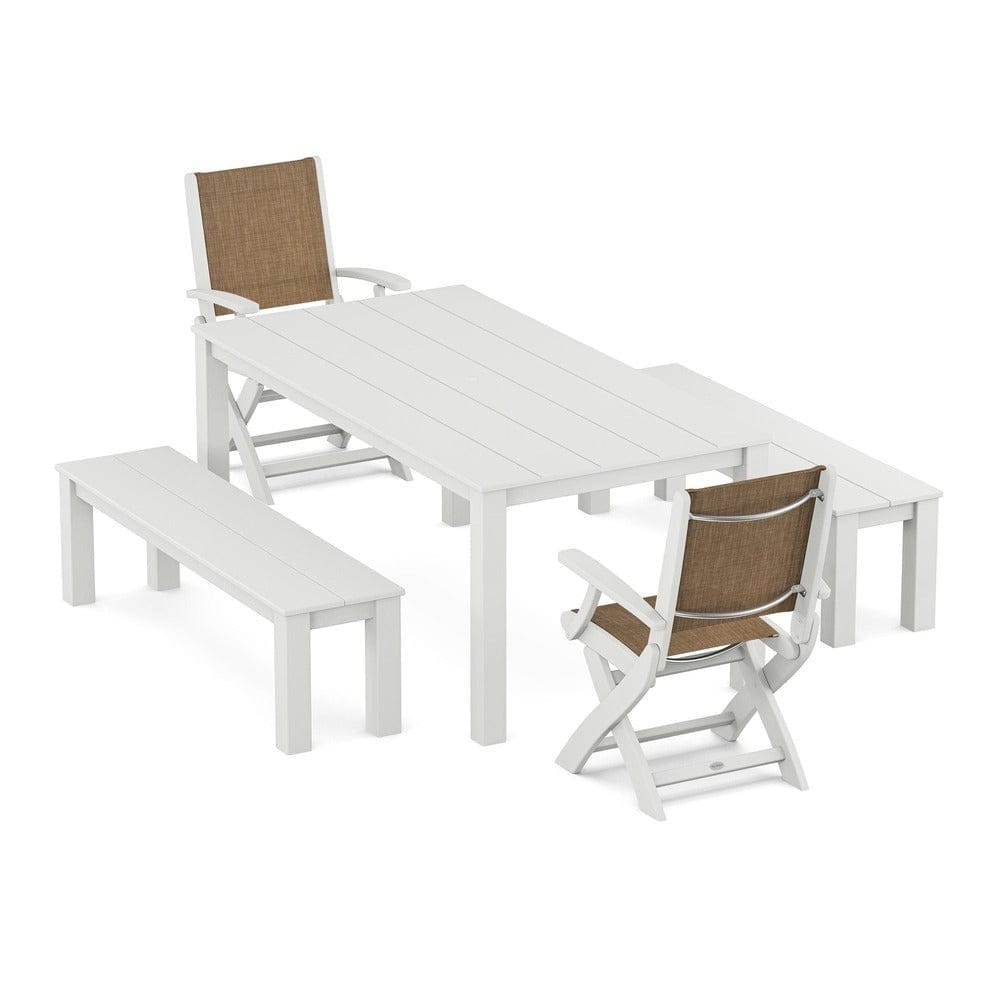 POLYWOOD® - Coastal Folding Chair 5-Piece Parsons Dining Set with Benches - PWS2273