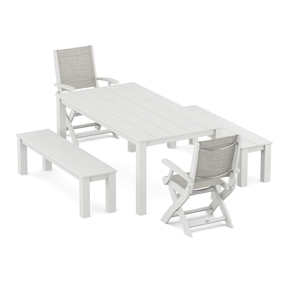 POLYWOOD® - Coastal Folding Chair 5-Piece Parsons Dining Set with Benches - PWS2273