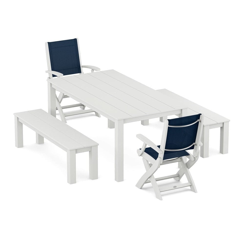 POLYWOOD® - Coastal Folding Chair 5-Piece Parsons Dining Set with Benches - PWS2273 Outdoor Furniture POLYWOOD®