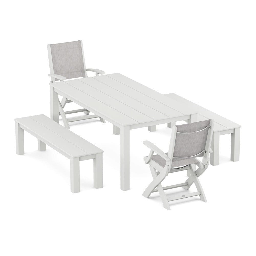POLYWOOD® - Coastal Folding Chair 5-Piece Parsons Dining Set with Benches - PWS2273 Outdoor Furniture POLYWOOD®