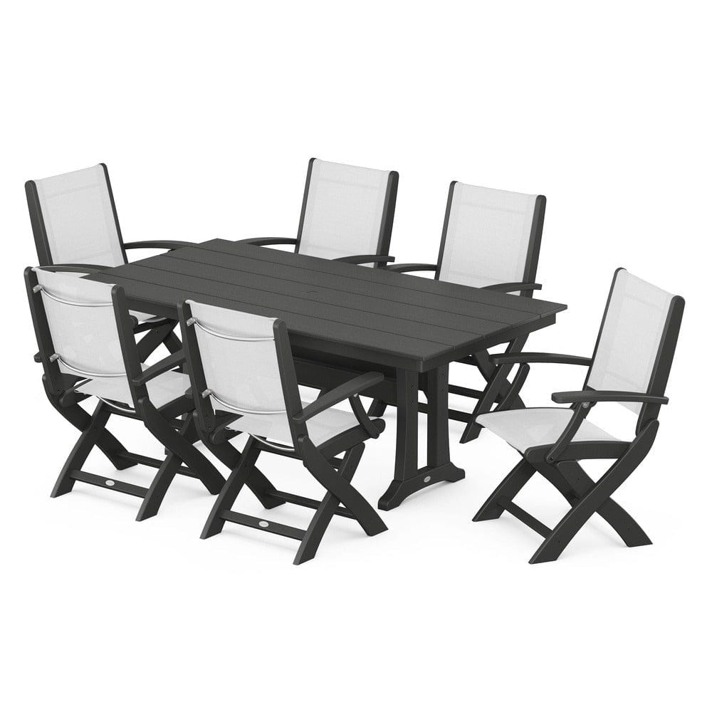 POLYWOOD® - Coastal Folding Arm Chair 7-Piece Farmhouse Dining Set with Trestle Legs - PWS292