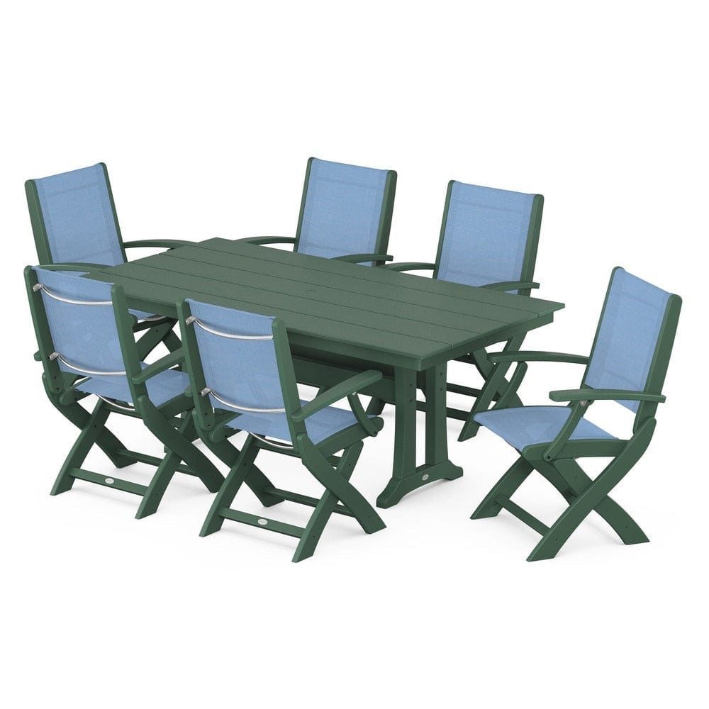 POLYWOOD® - Coastal Folding Arm Chair 7-Piece Farmhouse Dining Set with Trestle Legs - PWS292