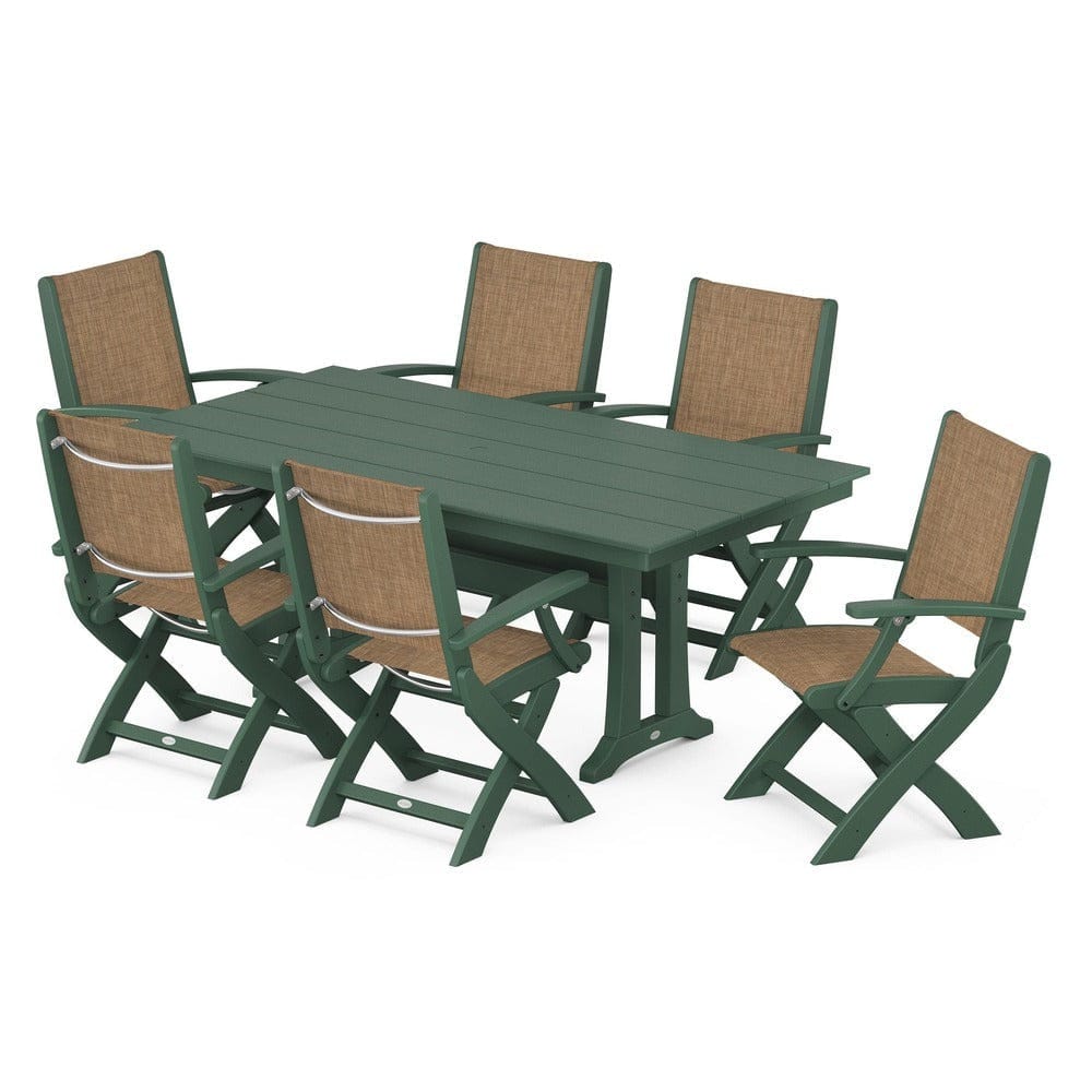 POLYWOOD® - Coastal Folding Arm Chair 7-Piece Farmhouse Dining Set with Trestle Legs - PWS292