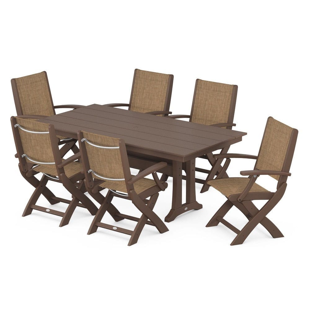 POLYWOOD® - Coastal Folding Arm Chair 7-Piece Farmhouse Dining Set with Trestle Legs - PWS292